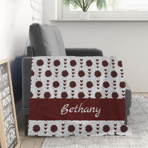 Maroon Cheerleader Pom Poms & Hearts Pattern Fleece Blanket