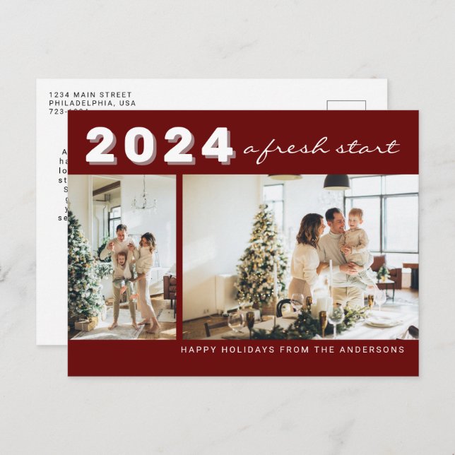 Maroon Chic Year A fresh Start Two Photo Holiday Postcard (Front/Back)