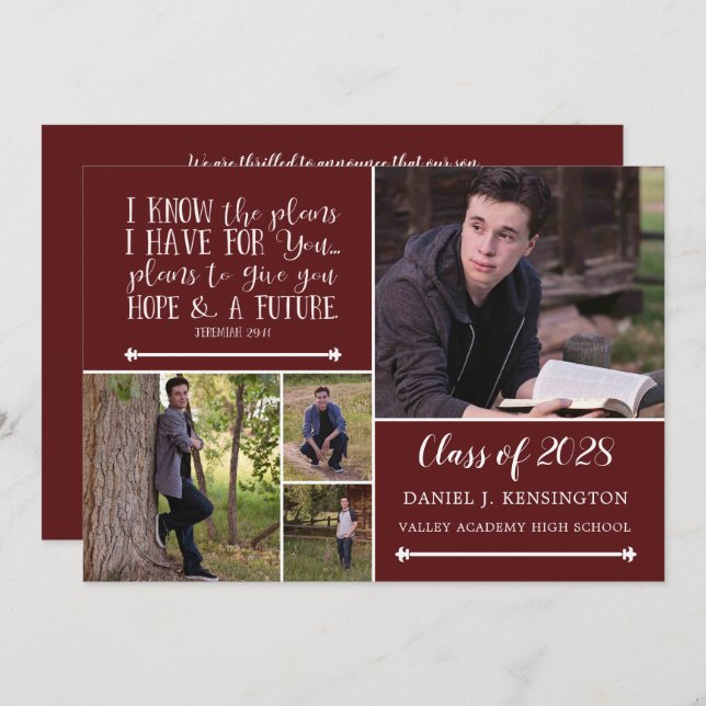 Maroon Christian Verse Graduation Photo Collage Invitation (Front/Back)