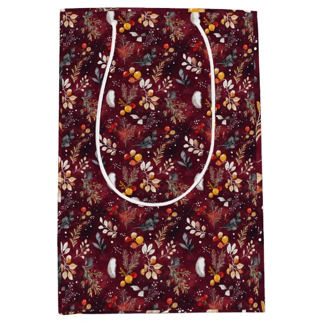 MAROON CHRISTMAS FESTIVE DECORATION FEATHER FLORAL MEDIUM GIFT BAG (Front)