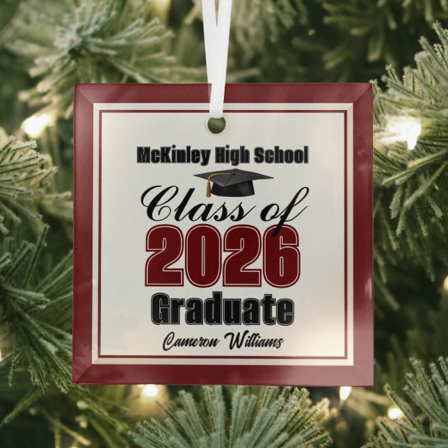 Maroon Class of 2026 Graduation Custom Christmas Glass Ornament (Insitu)