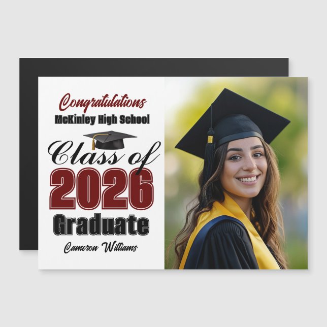 Maroon Class of 2026 Graduation Photo Magnet Card (Front/Back)