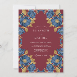 Maroon Cobalt Flower Eucalyptus Wedding Invitation