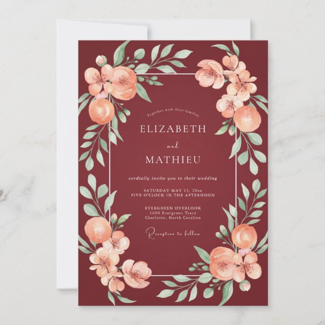 Maroon Coral Leafy Wedding Invitation (Front)