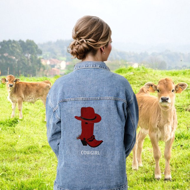 Maroon Country Hat and Boots Cowgirl Denim Jacket (Creator Uploaded)