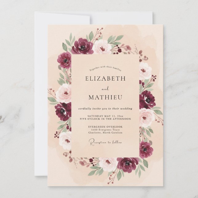 Maroon Cream Ranunculus Eucalyptus Wedding Invitation (Front)