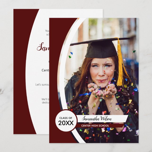 Maroon Curved Frame Photo Graduation Invitation (Front/Back)