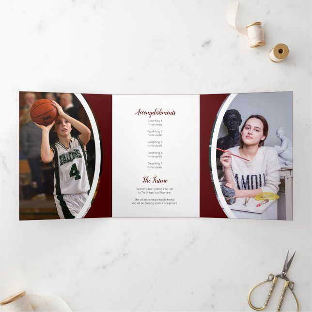 Maroon Curved Frame Three Photo Graduation Tri-Fold Invitation (Inside)