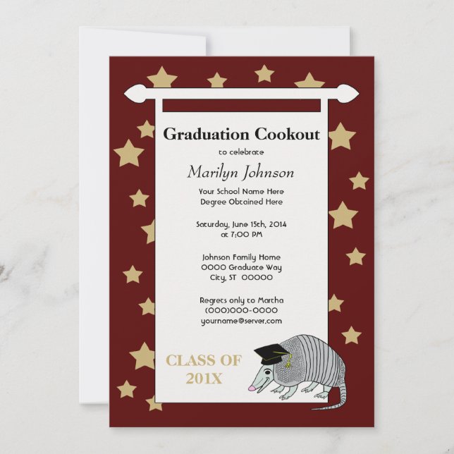 Maroon Cute Armadillo Stars Graduation Party Invitation (Front)