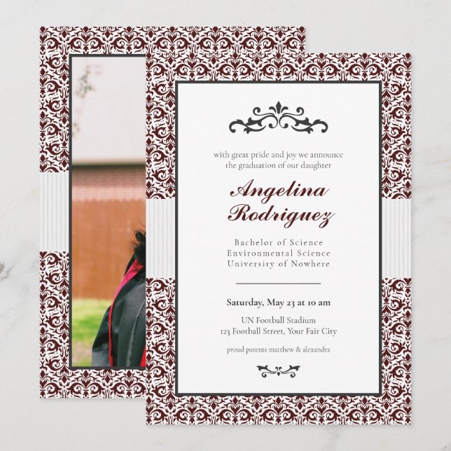 Maroon Damask Pattern Photo Graduation Invitation (Front/Back)