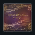 Maroon Design with Wispy Gold Accents Wedding Magnet<br><div class="desc">A pretty maroon colored background with a wispy border of curved lines and delicate flowers surrounded  by sparkling stars. A pretty and elegant design. Customize with the bride and grooms name and wedding date.</div>