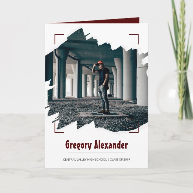Maroon Edgy Abstract Brushstroke Photo Graduation Invitation (Front)