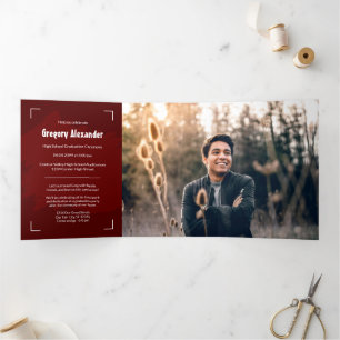 Maroon Edgy Abstract Brushstroke Photo Graduation Tri-Fold Invitation