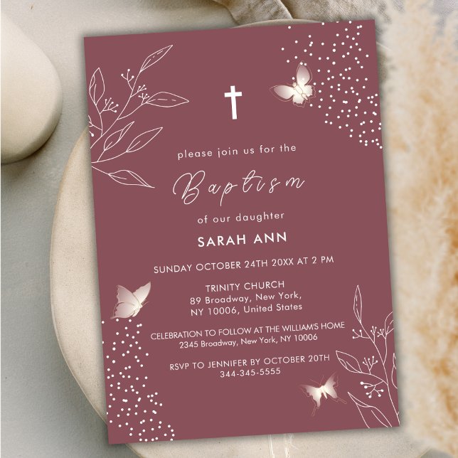 Maroon Elegant Leaves Butterfly Cross Baptism Invitation (Maroon Elegant Leave Butterfly Cross Baptism Invitation)
