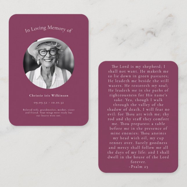 Maroon Elegant Psalm 23 Funeral Remembrance Enclosure Card (Front/Back)