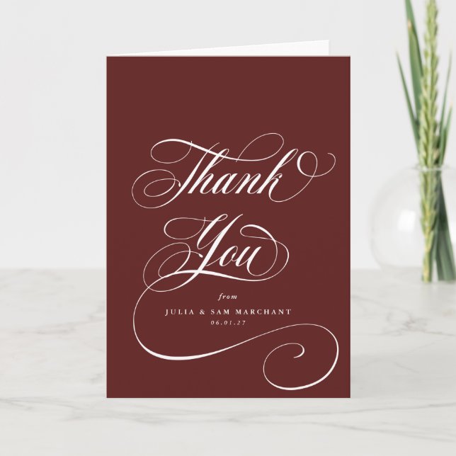 Maroon Elegant Script Blank Wedding Thank You Card (Front)