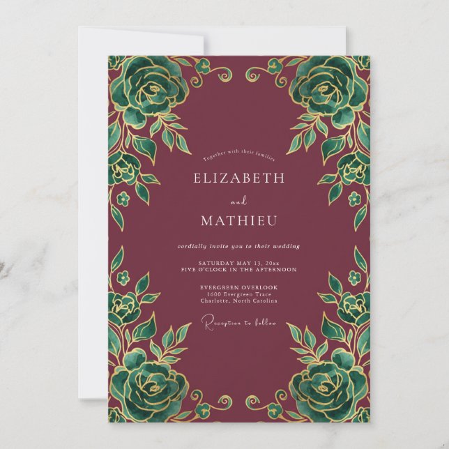 Maroon Emerald Rose Wedding Invitation (Front)