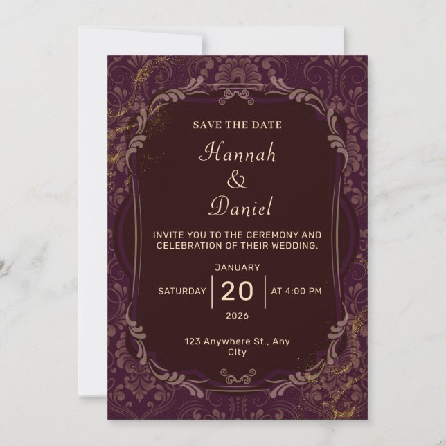 Maroon et Gold Elegant Wedding Invitation (Devant)