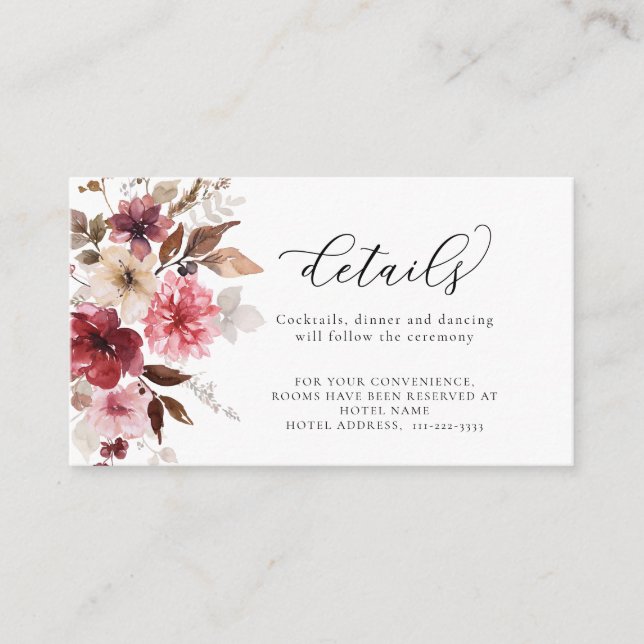 Maroon fall Flowers Laves Burgundy Wedding Details Enclosure Card (Front)