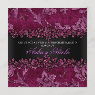 Maroon Faux Glitter & Velvet Floral Sweet Sixteen Invitation