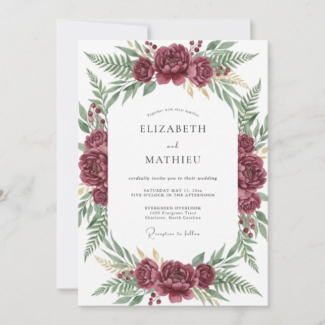 Maroon Fern Foliage Wedding Invitation (Front)