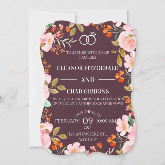 Maroon Floral Faire-part de mariage (Devant)