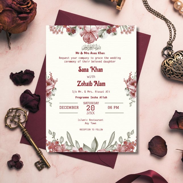 Maroon Floral Nikah Islamic Wedding Invitation (Creator Uploaded)