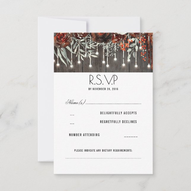 Maroon Flowers Rustic String Lights Wedding RSVP Card (Front)