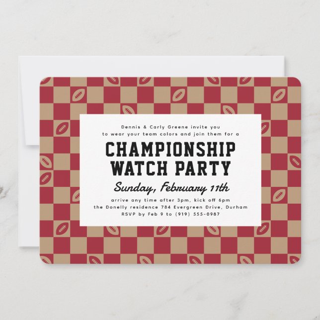 Maroon Football Check Big Game Watch Party Invitation (Front)