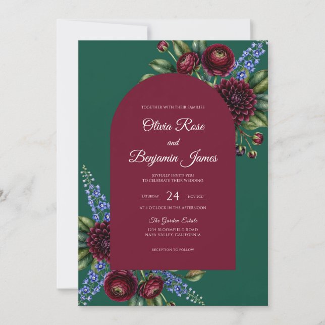 Maroon Forest Leaf Wedding Invitation (Front)