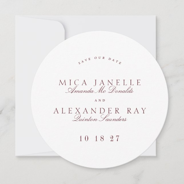 Maroon Formal Classic Calligraphy Round Photo Save The Date (Front)