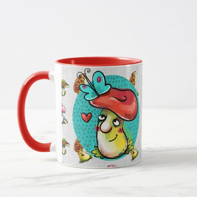 Maroon Funny Mushroom Cartoon Character Mug (Left)