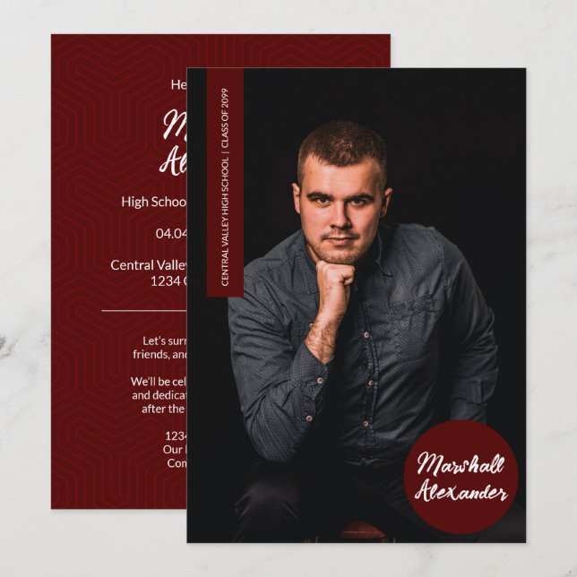 Maroon Géométrique Graduation Photo Invitation (Devant / Derrière)