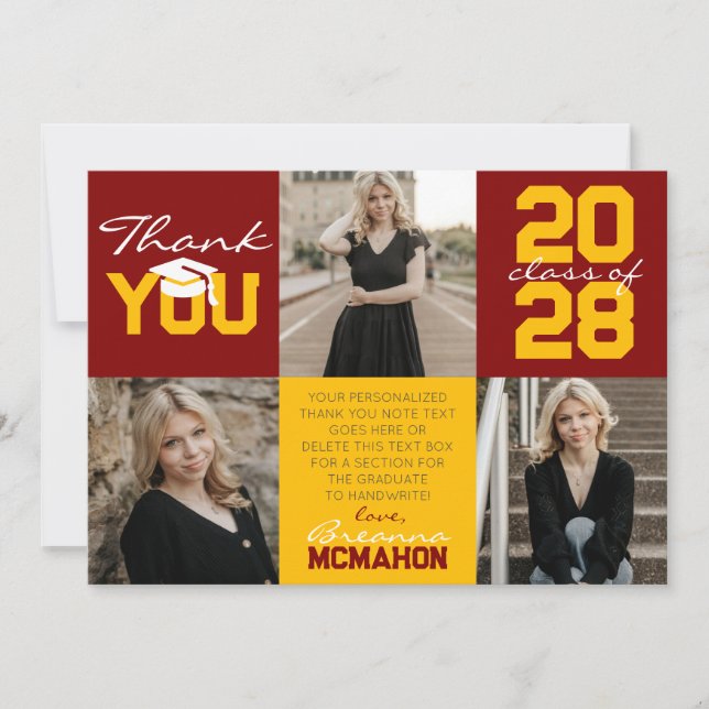 Maroon & Gold 3 Photo Graduation Thank You Invitation (Front)