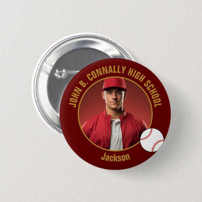 Maroon Gold Baseball Player Photo High School 2 Inch Round Button (Front & Back)