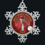 Maroon Gold Baseball Player Photo High School Snowflake Pewter Christmas Ornament<br><div class="desc">This cool customized high school baseball player photo gift features gold typography of your team and player name on a maroon Christmas ornament with a ball. Personalize with your student's photograph and class year as a proud sports parent for a great commemorative keepsake.</div>