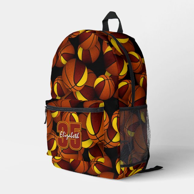 Maroon gold basketball team colours w jersey numbe printed backpack (Back Corner Right)