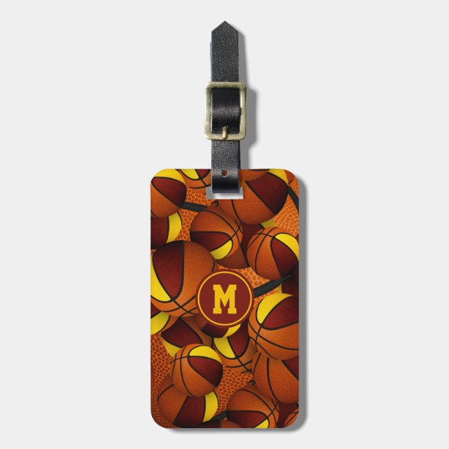 Maroon gold basketballs pattern team colours luggage tag (Front Vertical)