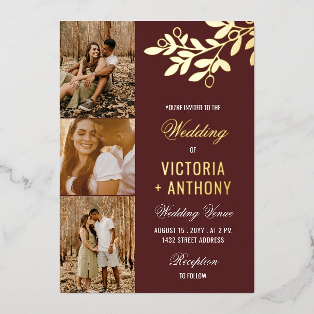 Maroon Gold Berry Twig 3 Photos Wedding (Front)