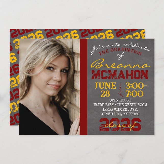 Maroon & Gold Chalkboard Graduation Invitation (Repeating Class Year Chalkboard Graduation Photo Invitations)