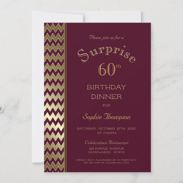 Maroon Gold Chevron Surprise 60th Birthday Dinner Invitation (Front)
