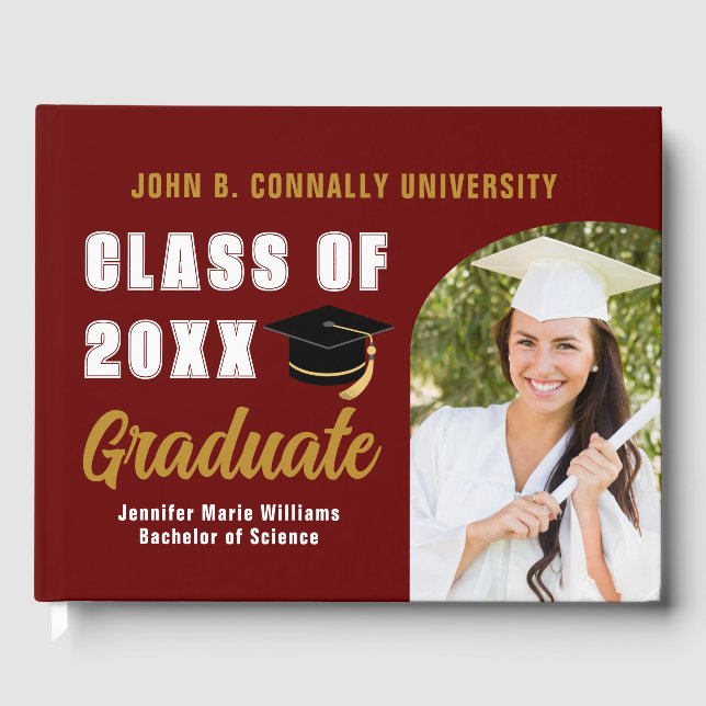 Maroon Gold Class of 2025 Photo Custom Graduation Guest Book (Front)