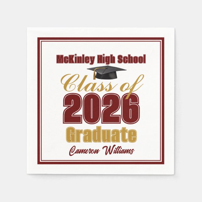 Maroon Gold Class of 2026 Custom Graduation Party Napkin (Front)