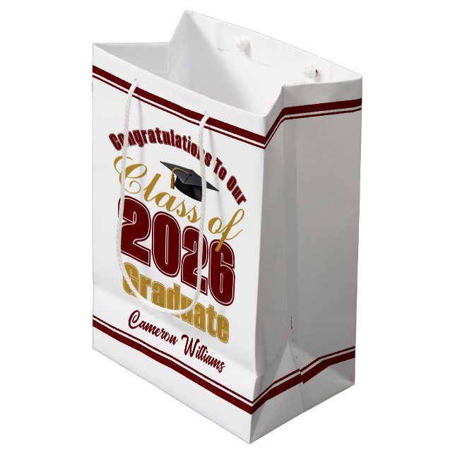 Maroon Gold Class of 2026 Graduation Party Medium Gift Bag (Front Angled)