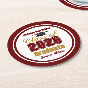 Maroon Gold Class of 2026 Graduation Party Round Paper Coaster