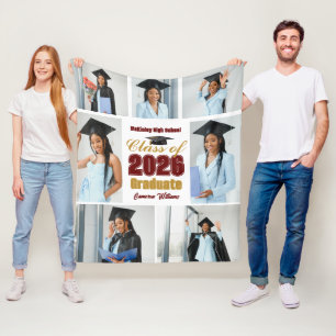 Maroon Gold Class of 2026 Graduation Photo Collage Fleece Blanket