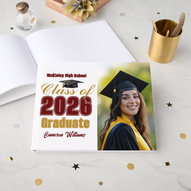 Maroon Gold Class of 2026 Graduation Photo Guest Book (Front Open)