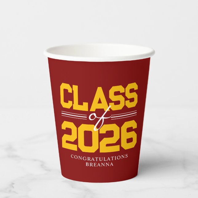 Maroon & Gold Class of Year Graduation Paper Cups (Back)