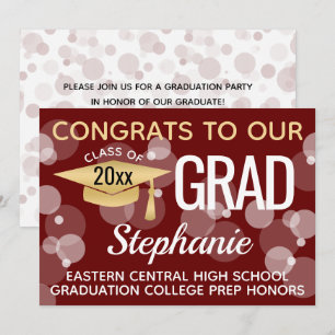 Maroon Gold Confetti Bokeh Bubbles Graduation Invitation