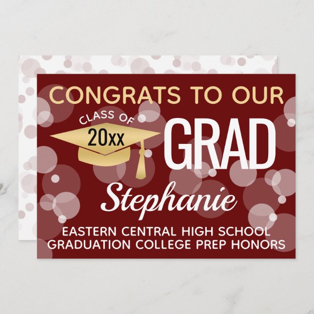 Maroon Gold Confetti Bokeh Bubbles Graduation Invitation (Front/Back)